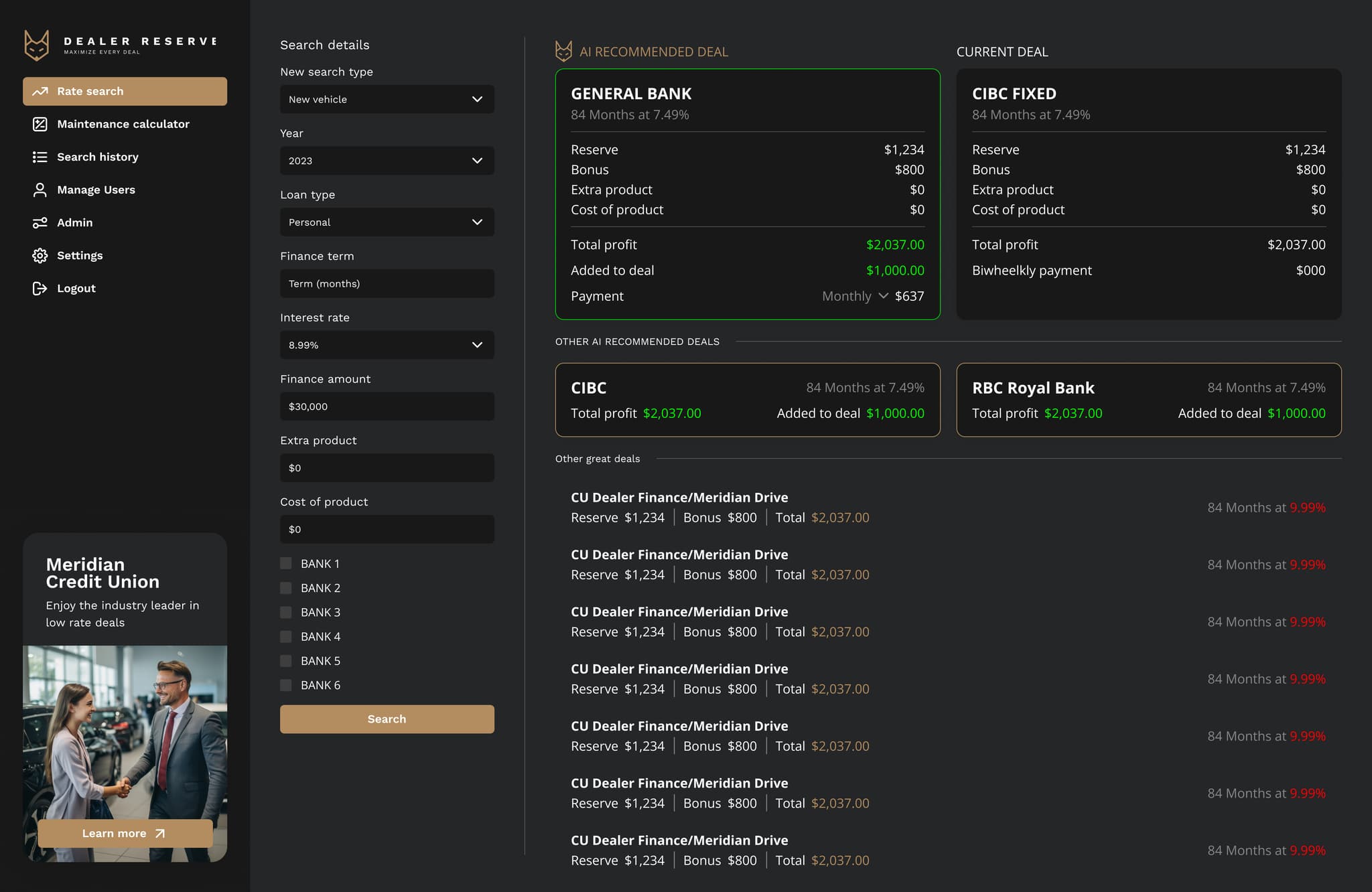 Dealer Reserve Dashboard — AI-powered deal optimization